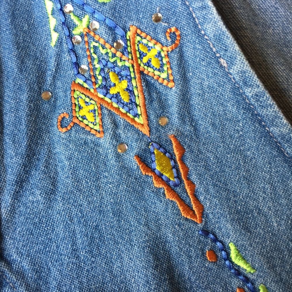 1990s Y2K Nancy Bolen Crop Denim Vest | Embroidered Beaded Western Style Sz 12 - Picture 5 of 8